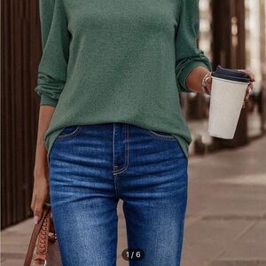 Green Long Sleeve Top and Blue Jeans